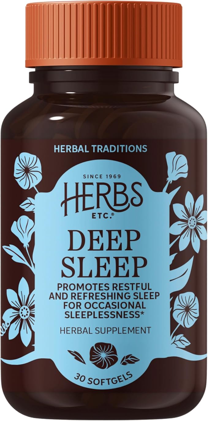 Herbs Etc. Deep Sleep Softgels - Herbal Sleep Support Supplement - Rest &amp Calming Support with Passionflower Chamomile &amp Lemon Balm - 30 Softgels (30 Servings)