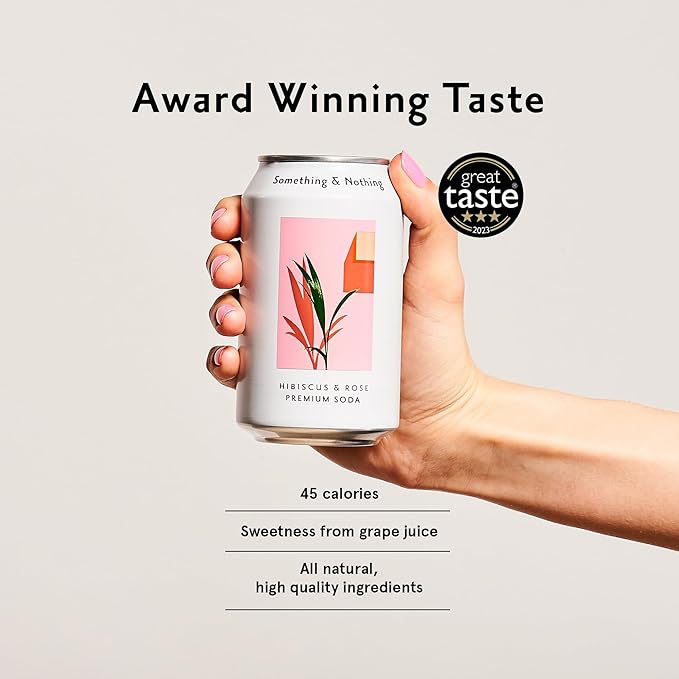 Something &amp Nothing Hibiscus &amp Rose Flavoured Sparkling Water | Lightly Carbonated Full Flavoured with Added Grape &amp Lemon Juice | Vegan &amp Low Calorie Soda | 12 Fl Oz Cans (Pack of 12