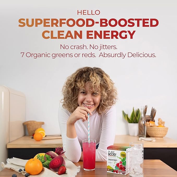 Pureboost Superfoods Clean Energy Booster Refreshing Energy Drink Mix with 7 Organic Red Superfoods Beet Hibiscus Pomegranate and Vitamins. Sugar-Free No Sucralose (Red Burst 30 Count)