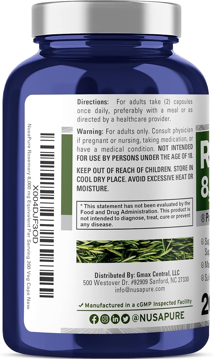 NusaPure Rosemary Capsules | 20:1 Extract 400 mg Equivalent to 8000mg | 200 Veggie Caps | Non-GMO &amp Vegan