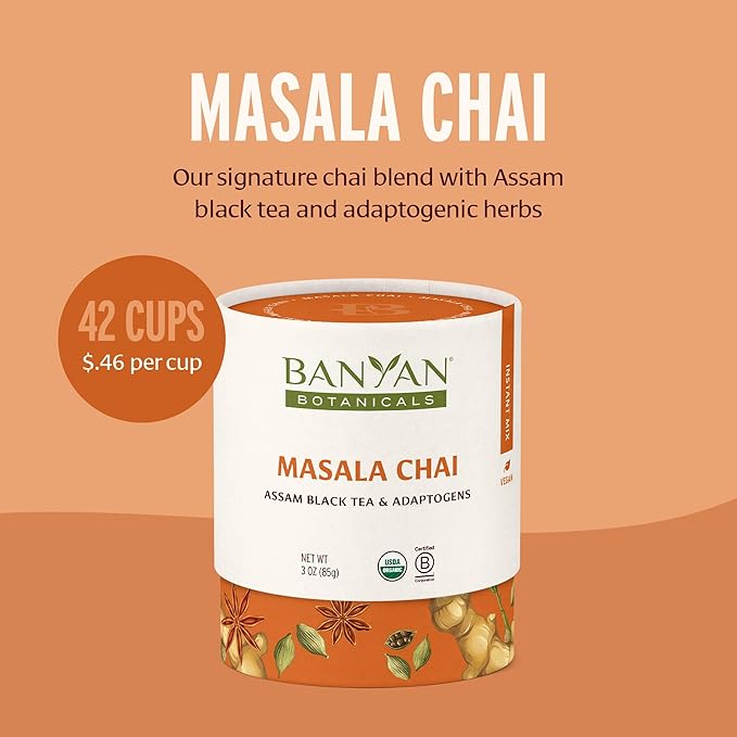 Banyan Botanicals Masala Chai – Organic Tea with Assam Black Tea L-Theanine &amp Adaptogenic Herbs – Vegan Loose Leaf Fair Trade – 3 oz 42 Servings
