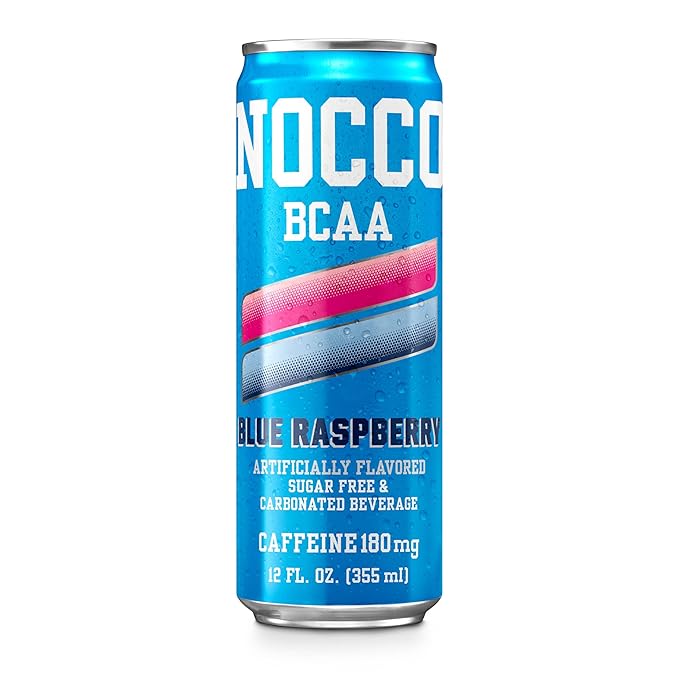 NOCCO Zero Sugar Energy Drink Blue Raspberry - 12 Fl Oz (Pack of 12) - 180mg Caffeine Sugar Free BCAAs - Branched Chain Amino Acids Carbonated &amp Low Cal B Vitamins Grab &amp Go Performance
