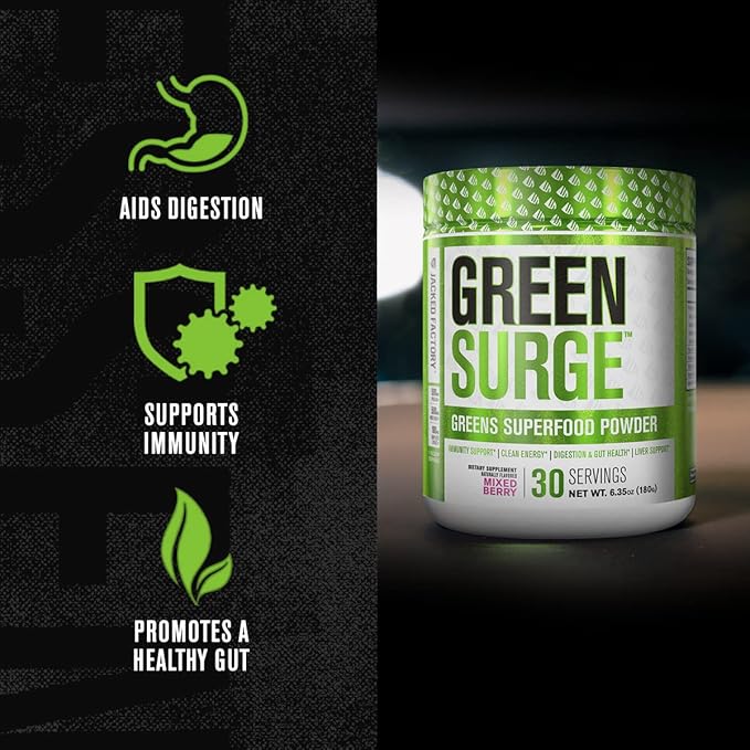 Jacked Factory Green Surge Green Superfood Powder - Keto Friendly Greens Drink w/Spirulina Wheat &amp Barley Grass Organic Greens - Green Tea Extract Probiotics &amp Digestive Enzymes - Mixed Ber
