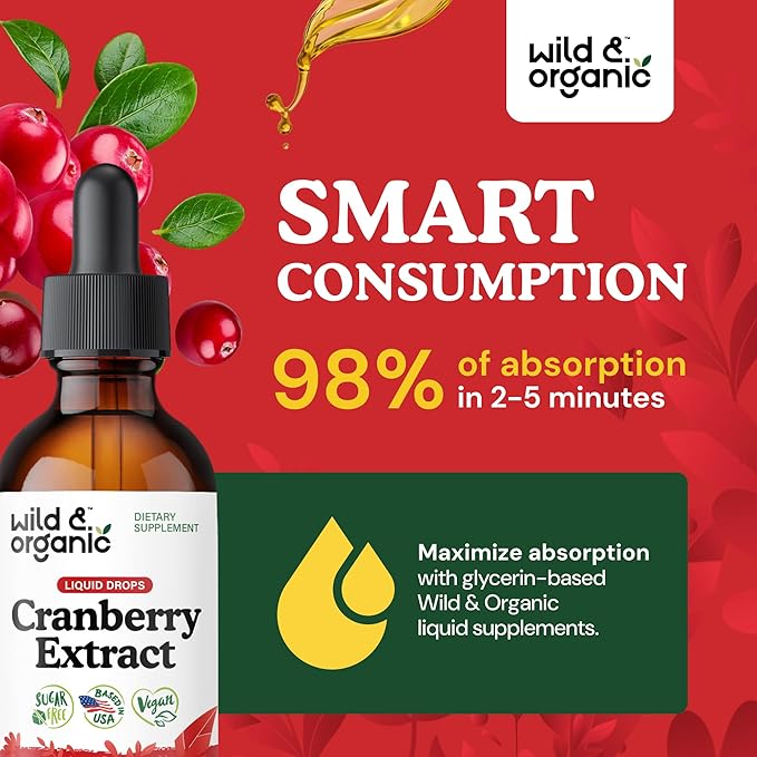 Wild &amp Organic Cranberry Supplement Drops 12500 mg - Urinary Tract Support for Women &amp Men - Pure Cranberry Extract Liquid Supplement - Vegan Sugar &amp Alcohol-Free Tincture - 2 fl oz