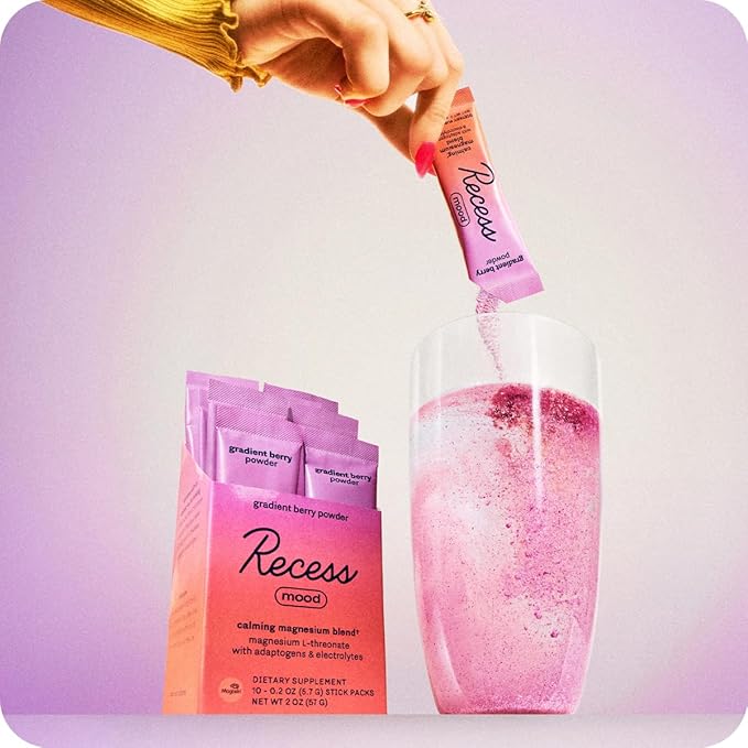 Recess Mood Powder Calming Magnesium L-Threonate Blend with Passion Flower L-Theanine Electrolytes Magnesium Calm Support Supplement - Gradient Berry Pack of 10