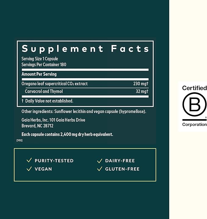 Gaia Herbs Oil of Oregano - Immune &amp Antioxidant Support Supplement - with Oregano Oil Carvacrol &amp Thymol* - 180 Vegan Liquid Phyto-Caps (180 Servings)