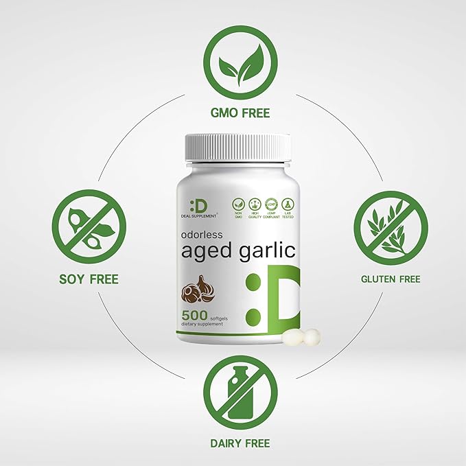 Odorless Aged Garlic 500 Softgels – Enhanced with MCT Oil - Fresh Allium Sativum Bulb Source – 2-Years Aged Garlic Extract – Non-GMO cGMP Manufactured