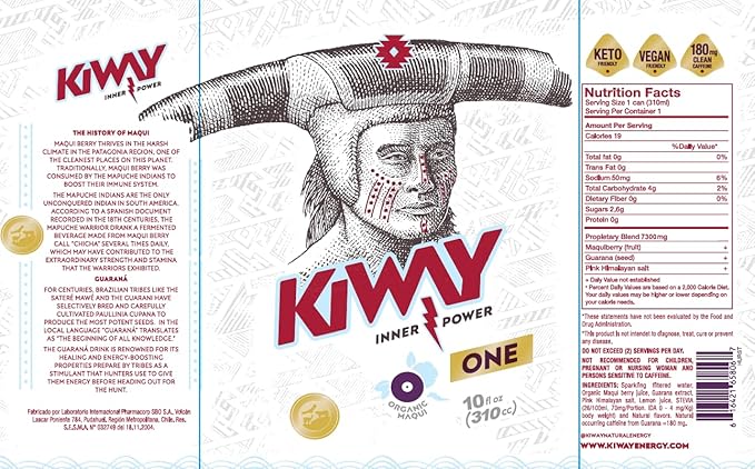 Ki-Way Natural Energy Drink Maqui Berry Natural Caffeine Guarana No Added Sugar No Artificial Colors or Sweeteners Keto Friendly Vegan Friendly 19 Calories 10 floz / 295mL 12-Can Value Pack