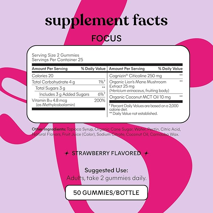 Lemme Focus Concentration &amp Brain Health Gummies with Cognizin Citicoline Lion's Mane Mushroom Vitamin B12 to Support Focus + Concentration - Gluten Free Caffeine Free Strawberry (50 Count)