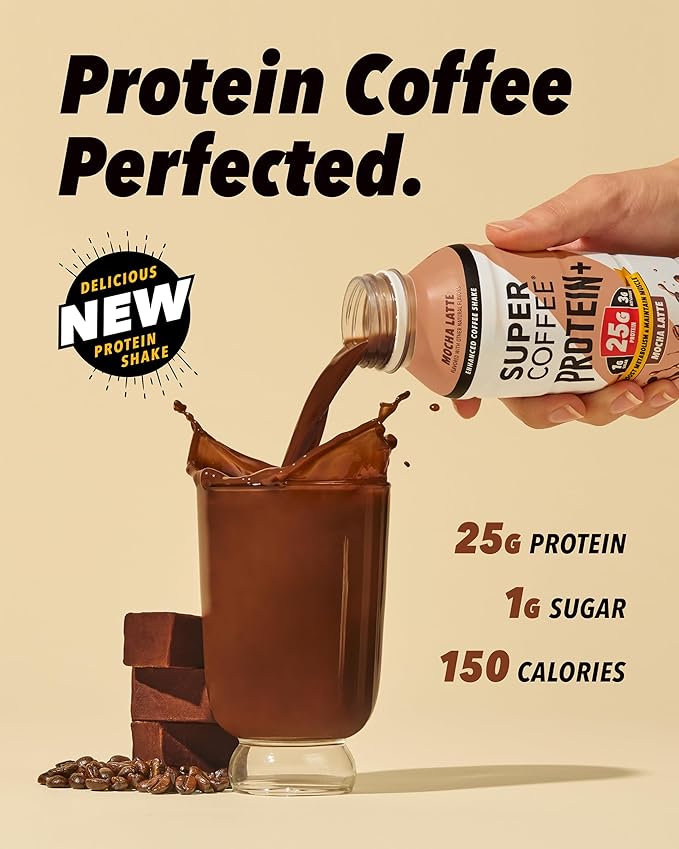 SUPER COFFEE Protein+ Keto Protein Coffee (0g Added Sugar 25g Protein 150 Calories) [Mocha] 12 Fl Oz 24 Pack | Iced Smart Coffee Drinks