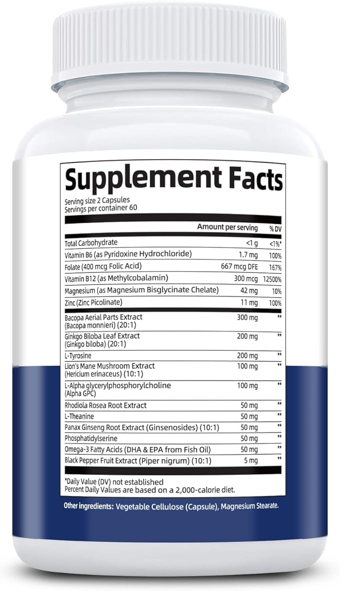 2-Pack Brain Supplements for Memory and Focus | Nootropic with Bacopa Monnieri Lion's Mane Alpha GPC Ginkgo Biloba | Mental Clarity &amp Cognitive Support | Vitamin B6 &amp B12 Neuro Health