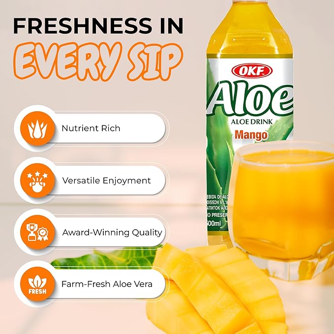 OKF Aloe Vera Drink Juice with Pure Aloe Pulp Variety 16.9 oz. (Mango Pack of 20) Plant Based Drink Korean drinks