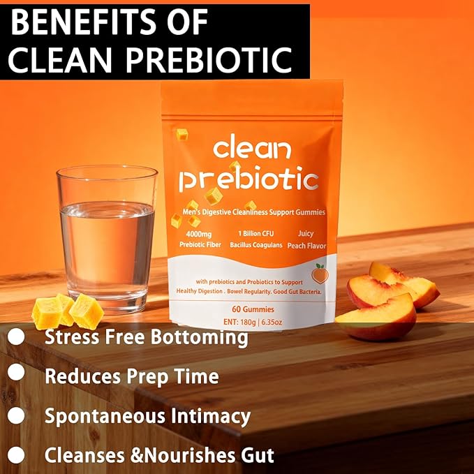 Clean Prebiotic Fiber Gummies for Men Peach FlavorPre+Probiotic Fiber GummiesMen's Digestive Cleaning Support GummyMen Prebiotic Supplement for Digestive Gut Health60 Gummy