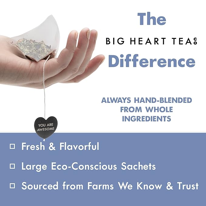 Big Heart Tea Co. Tea Bags - Minty Blue - Small Batch Certified Organic Ayurvedic Herbal Decaf Tea in Zero Plastic Sachets - Adaptogenic Tulsi Butterfly Pea Flower Peppermint 20 Pack