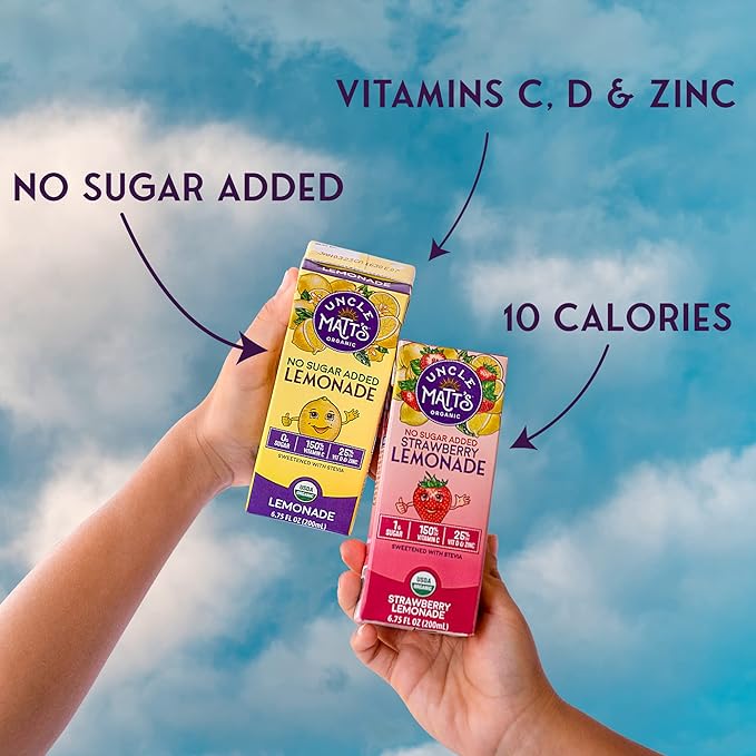 Uncle Matt’s Organic Juice Boxes – 32 Pack No Sugar Added Strawberry Lemonade USDA Organic Only 10 Calories with Vitamin C D &amp Zinc Kid-Friendly Juice Drinks