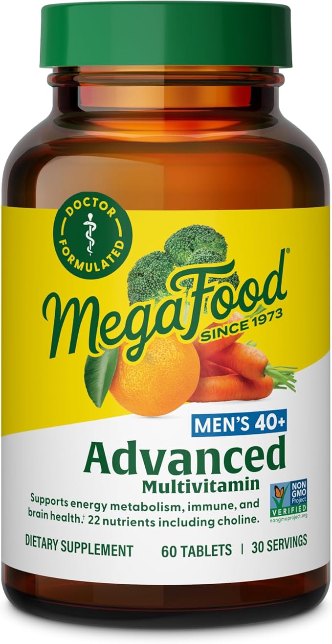 MegaFood Men's 40+ Advanced Multivitamin for Men - Dr-Formulated - Choline Vitamin B Vitamin C Vitamin D Zinc &amp Real Food - Brain Health Immune Support - Vegetarian - 60 Tabs (30 Servings)