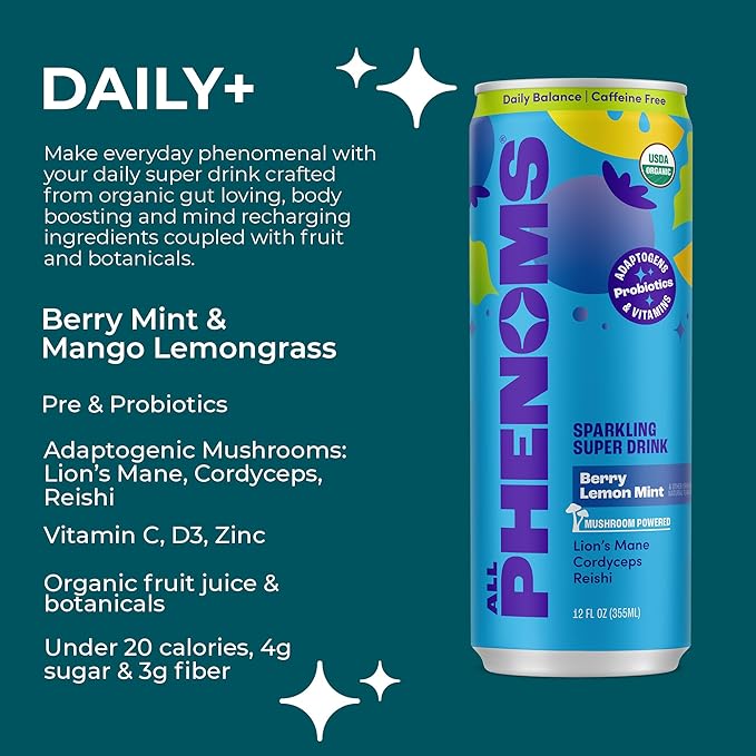 All Phenoms Daily+ Sparkling Organic Prebiotic &amp Probiotic Drink - Adaptogen Mushroom Blend (475mg of Lions Mane Reishi &amp Cordyceps) Vitamin C D3 Zinc - Berry Mint 12 Pack