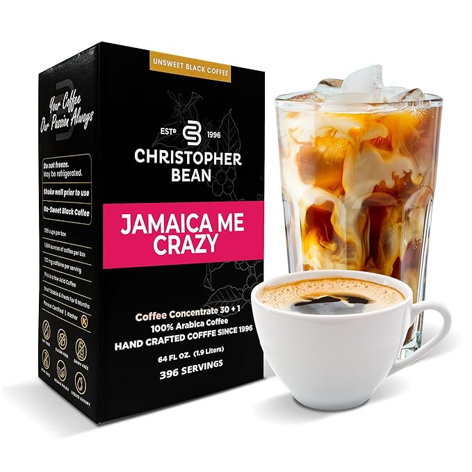 Christopher Bean Coffee - 396 servings 30 to 1 Blend Bag in Box Liquid Instant Coffee or Cold Brew Coffee Concentrate - Hot or Iced Coffee - Jamaica Me Crazy