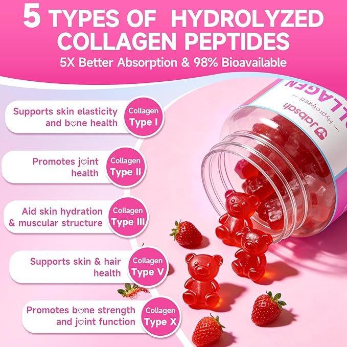 Collagen Gummies for Women &amp Men Hydrolyzed Collagen Peptides(Type I II III V X) with Biotin Hyaluronic Acid MultiVitamins Supports Healthy Skin Thick Hair &ampStrong Nails Sugar Free