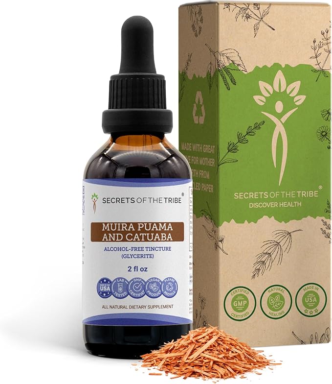 Secrets of the Tribe Muira Puama and Catuaba Alcohol-Free Liquid Extract (Ptychopetalum Olacoides and Erythroxylum Catuaba) Dried Bark Tincture Supplement (2 FL OZ)