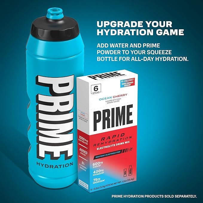 PRIME HYDRATION Berry Freeze Cherry Freeze &amp Ice Pop Sports Drinks 12 Fl Oz 15 Variety Pack &amp PRIME 32 oz Blue Squeeze Sports Water Bottles 12 Pack Bundle