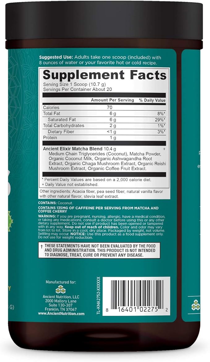 Matcha Green Tea Powder with Ashwagandha by Ancient Nutrition Ancient Elixirs Superfood Matcha Energy Powder with MCTs Promotes Healthy Energy Levels Paleo and Keto Friendly 20 Servings
