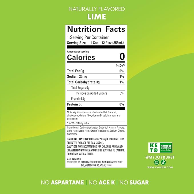 No Sugar Joyburst Energy Drink Lime 0 Calorie 0 Sugar Sugar Free Energy Drink with Natural Caffeine Hint of Sweetness and Refreshing Sparkling Water - 12 Packs