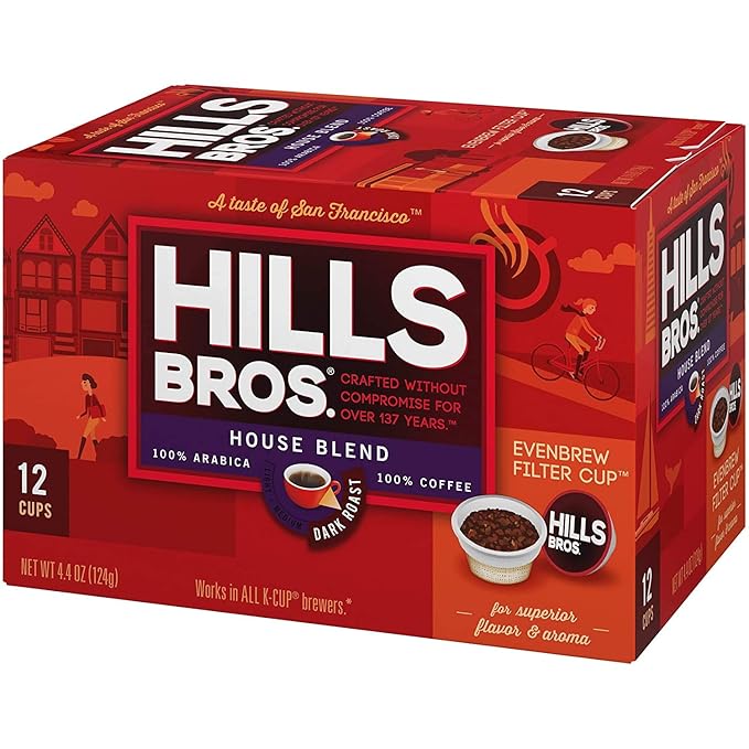 Hills Bros Single Serve Coffee Pods House Blend Dark Roast 12 Count-Keurig Compatible Roasted Arabica Coffee Bold Smooth Flavor