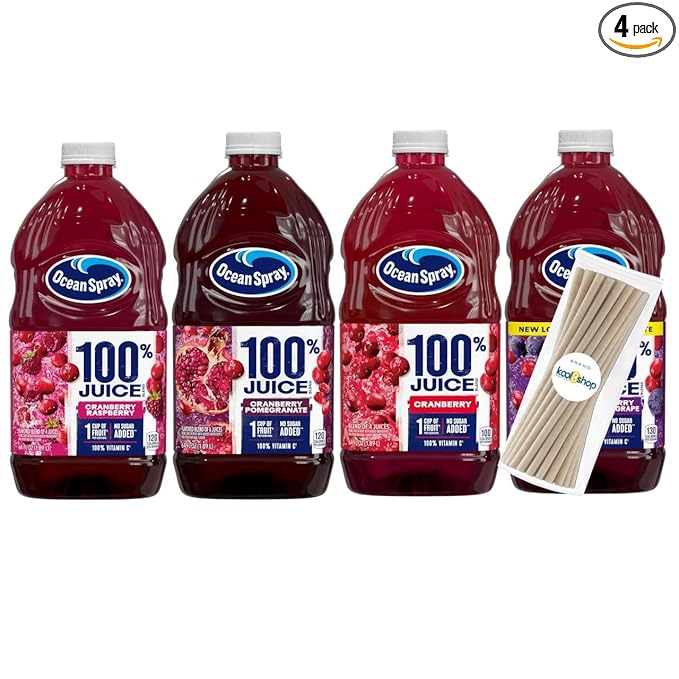 Ocean Spray 100% Variety Pack Fruit Juice No Added Sugar 64 fl oz 4 Pack + 15 Sugarcane Disposable Straws by KOOL8SHOP Infinite Deals