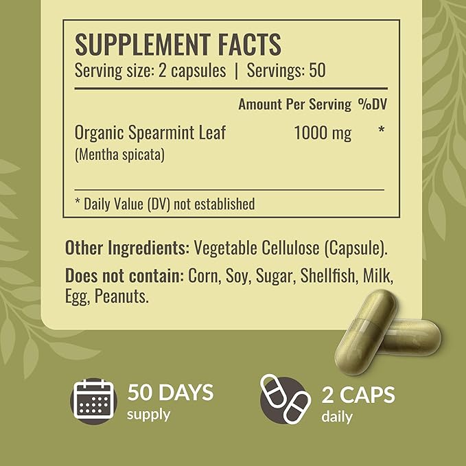 HERBAMAMA Spearmint Leaf Capsules - 1000mg Spearmint Leaves for Gut Cleanse &amp Digestive Support - Vegan Non-GMO Mentha Spicata Supplement