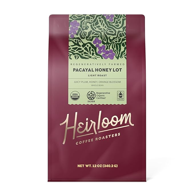 Heirloom Coffee Roasters - Pacayal Honey Lot - Light Roast - Whole Bean Coffee - 100% Regenerative Organic Certified 12oz