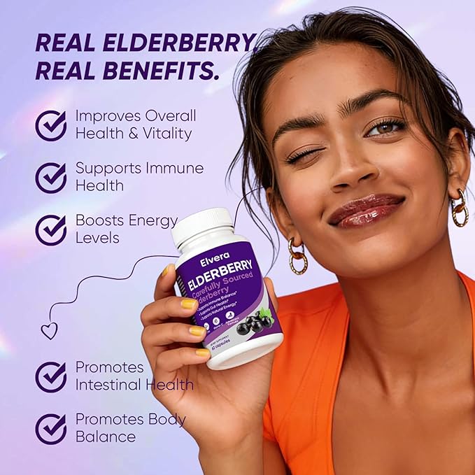 Elvera Elderberry Elvera Gut Support Complex1200 mg Sambucus Elderberry Extract Zinc + Vitamin C Advanced FormulaDigestive Wellness &amp Boost Energy 60 Capsules