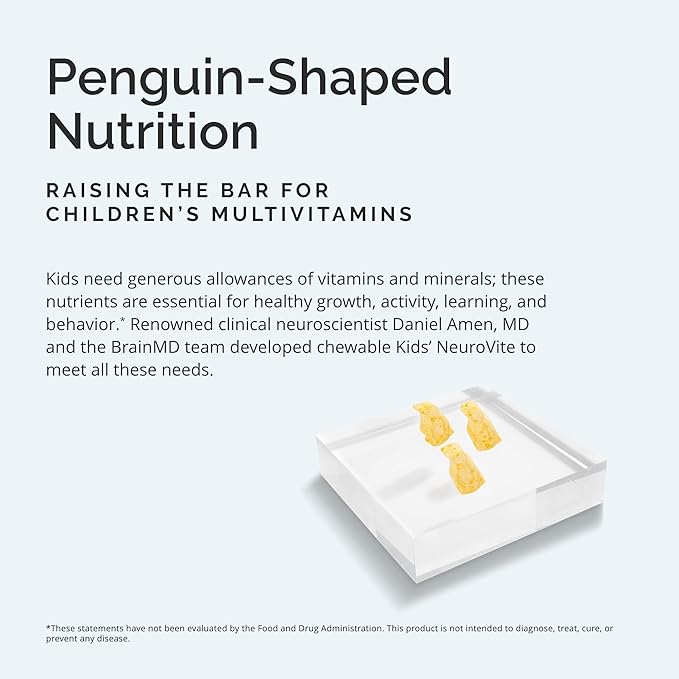 BRAINMD Dr Amen Kids’ NeuroVite Orange Flavor - 120 Penguin-Shaped Chewables - Multivitamin &amp Mineral Supplement - Promotes Healthy Development &amp Growth - Gluten Free - 60 Servings
