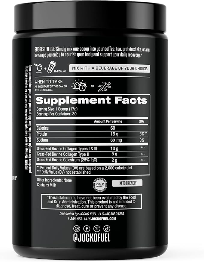 Jocko Fuel Collagen Powder with Colostrum – 15g Hydrolyzed Collagen + 2g First-Milking Colostrum – Dual Action for Gut Health Joint Support and Immune Defense – Recovery Supplement (30 Servings)