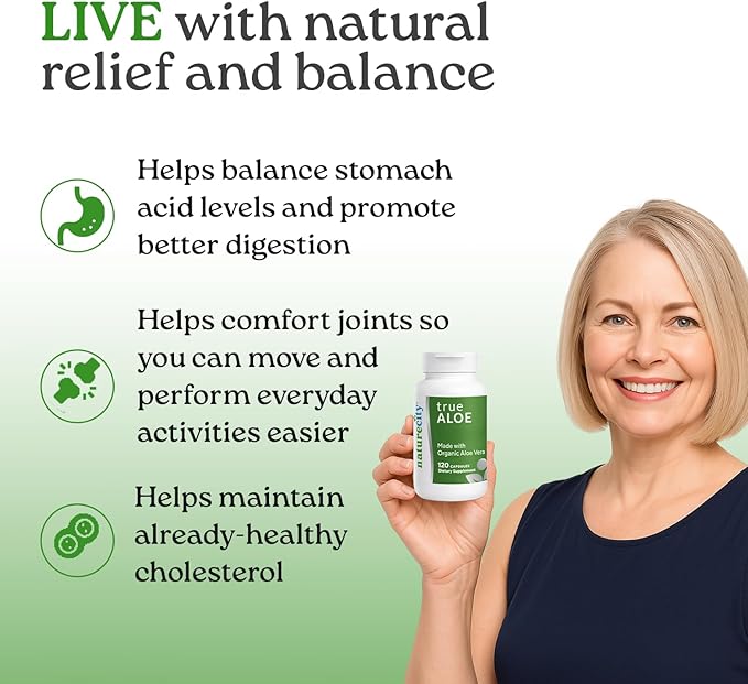 NatureCity True-Aloe Gut Health Support – Per Serving – Organic Aloe Vera (120 Capsules) for Digestive Skin &amp Joint Support | Small Easy-to-Swallow Pills