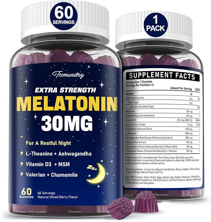 Melatonin Gummies 30mg for Adults: Maximum Strength Melatonin Supplement with L-Theanine Ashwagandha MSM Vitamin D3 &amp Zinc - Non-Habit Forming Natural Mixed Berry Flavor 60 Count (Pack of 1)