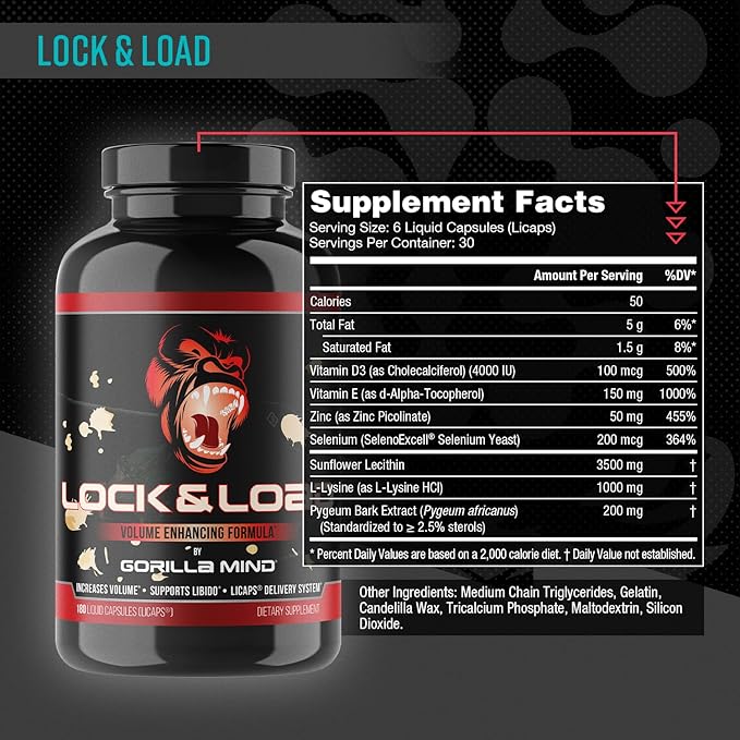 Gorilla Mind Lock &amp Load® - Semen Volume &amp Quality Support | Libido · Erection Quality · Pleasure | Sunflower Lecithin Pygeum L-Lysine | Licaps® Delivery | 180 Capsules