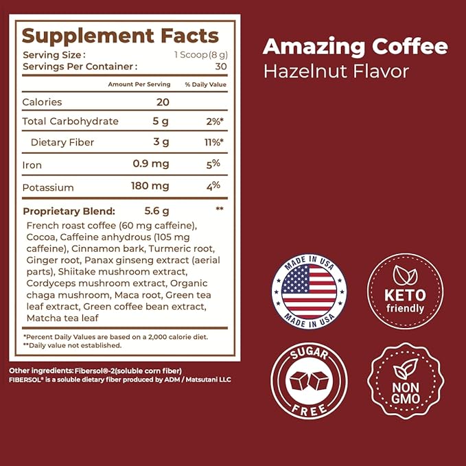 Superfoods Company | Amazing Coffee - Instant Coffee| Mushrooms Superfoods - Hazelnut French Roast - Gluten Free Non-GMO Sugar Free Vegan Keto Friendly [60 Servings]