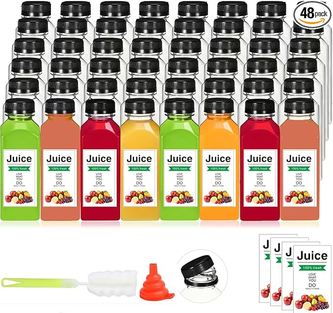 48pcs 12oz Plastic bottles with lids juice bottles with caps Reusable containers and Clear beverage for milk Smoothies juice