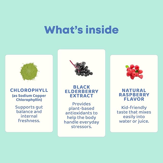 JoySpring Liquid Chlorophyll Drops for Kids | Super Greens for Kids Infused with Elderberry &amp Chlorophyll for Bad Breath |Sugar Free Body Deodorizing Supplement |Berry Flavor| 30 Servings