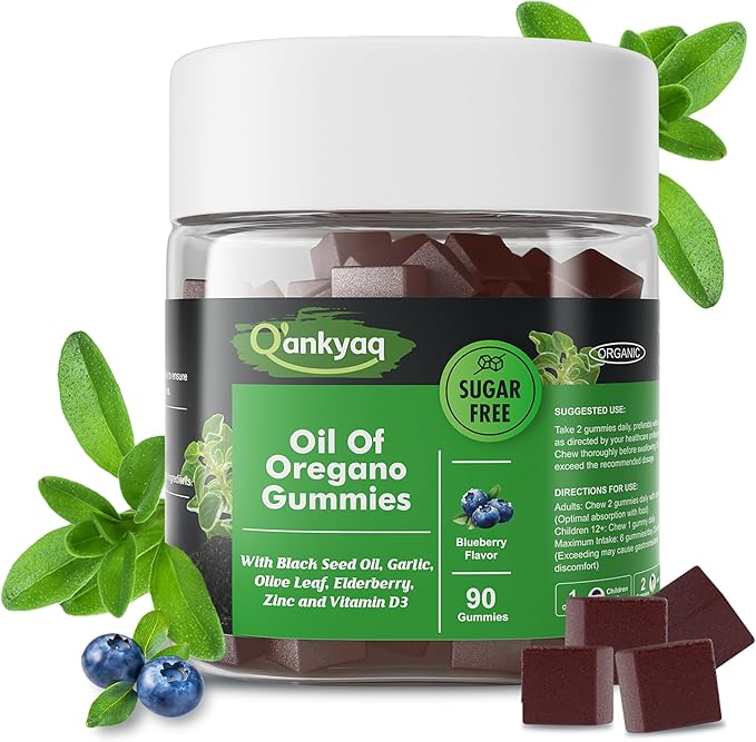 Oregano Oil with Black Seed Oil Organic Gummies for Kids and Adults | 6-in-1 Oregano Oil Supplement | Carvacrol + Thymoquinone | Immune Support with Garlic Elderberry | Sugar-Free 90 Chewable