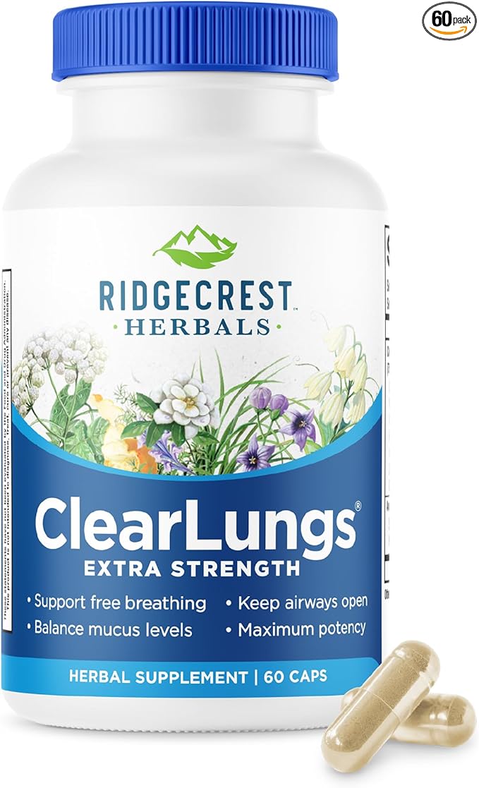 RidgeCrest Herbals ClearLungs Extra Strength Daily Health Supplement Natural Lung and Nasal Wellness Formula (60 Vegan Caps 30 Serv)
