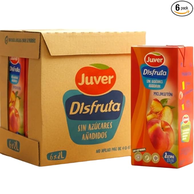 Juver Disfruta Sugar-Free Spanish Peach Fruit Drink 2 Liters (67.6 fl oz). Natural Peach Nectar No Added Sugars 6 Pack Box Delicious Healthy Nectar Drink – Made from Premium Sun-Dried Spanish Frui