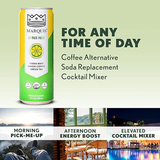 Organic Green Tea + Yerba Mate Drink by Marquis |Antioxidant Infused Sparkling Beverage | Zero Sugars Zero Calories | Citrus Yuzu Flavor Super Tea | Pack of 12 (12 oz Cans)
