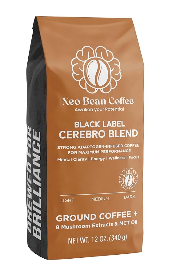 Neobean Black Label Cerebro Blend 12 oz Bag - Freshly Roasted Specialty Coffee with 8 Adaptogen Mushrooms &amp MCT Oil - Mushroom Coffee