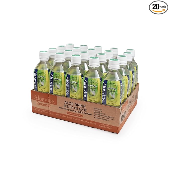Aloevine Aloe Vera Drink Coconut – Drink Aloe Juice with Real Aloe Chunks | Healthy Plant-Based Korean Beverage | Aloe Vera Juice | 16.9 oz Bottles (20 Pack)