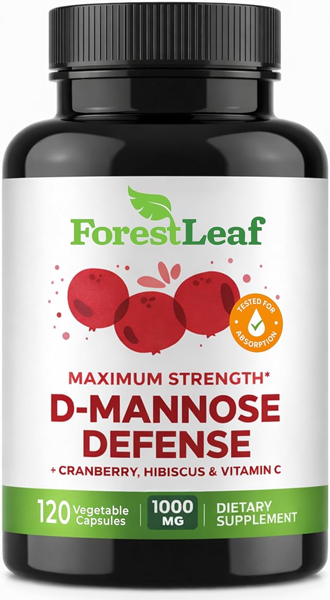 ForestLeaf D Mannose Supplements for Women &amp Men - D-Mannose 1000mg Capsules with Cranberry Hibiscus &amp VIT C - DMannose Pills for UTI Urinary Tract &amp Bladder Support - 120 Caps