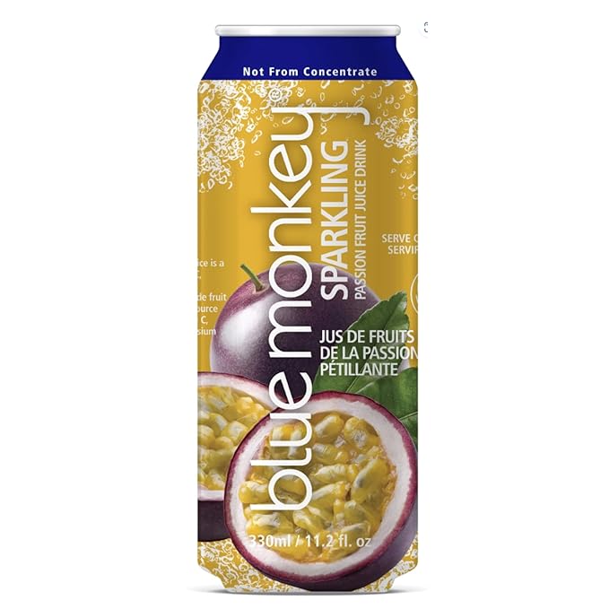 Blue Monkey Sparkling Passion Fruit Juice - Real Fruit Juice No Sugar Added All Natural Lightly Carbonated Halal Certified - Refreshing Tropical Sparkling Water Alternative - 11.2oz (330ml) 12 Pac