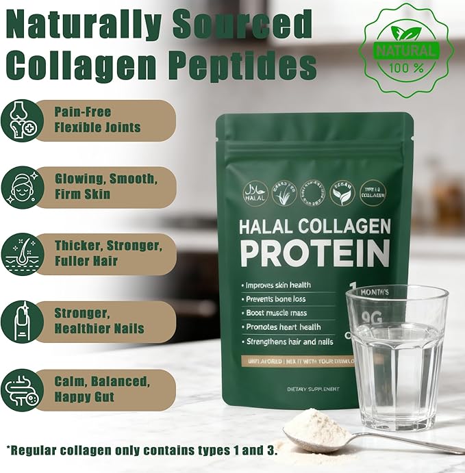 Halal Collagen Protein Powder - Pure Halal Collagen Peptides Grass Fed Organic Hydrolyzed Powder Skin Glows | Joints Support | Gut Support Non GMO Sugar Free Unflavoured 30 Servings
