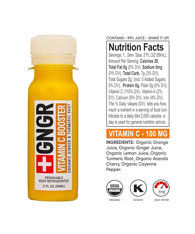 +GNGR Vitamin C - Cold-Pressed Ginger Shot with Turmeric Cayenne &amp Acerola Peruvian Ginger Juice 2 fl oz (Pack of 12)